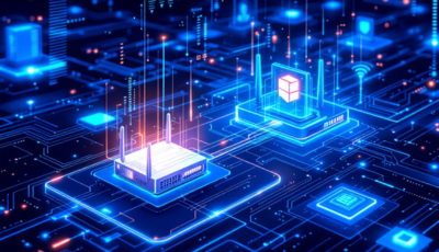 A futuristic representation of network technology, showcasing interconnected nodes and digital data flow.