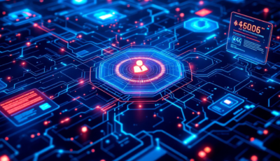 Conceptual illustration of cyber security and data protection, featuring a digital lock and shield against a tech background.