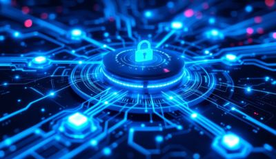 A blue digital circuit design featuring a prominent padlock symbolizing security and protection of data.