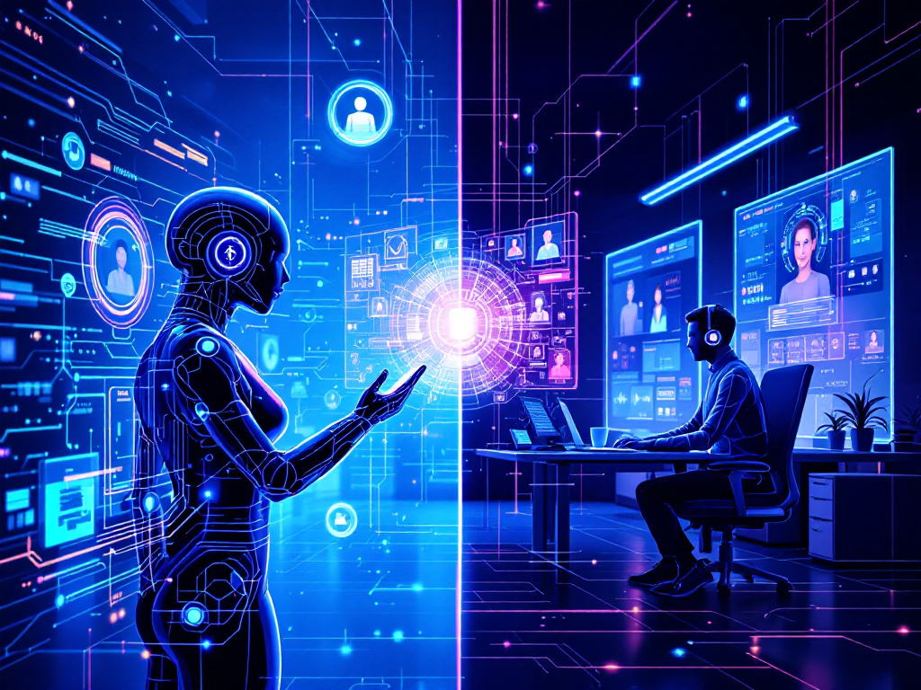 Image depicting the contrast between traditional contact centers and AI virtual agents in the future of work and technology.