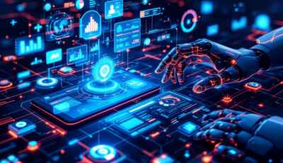 A futuristic office scene showcasing AI technology enhancing productivity and collaboration among diverse employees.