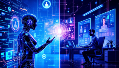 Image depicting the contrast between traditional contact centers and AI virtual agents in the future of work and technology.