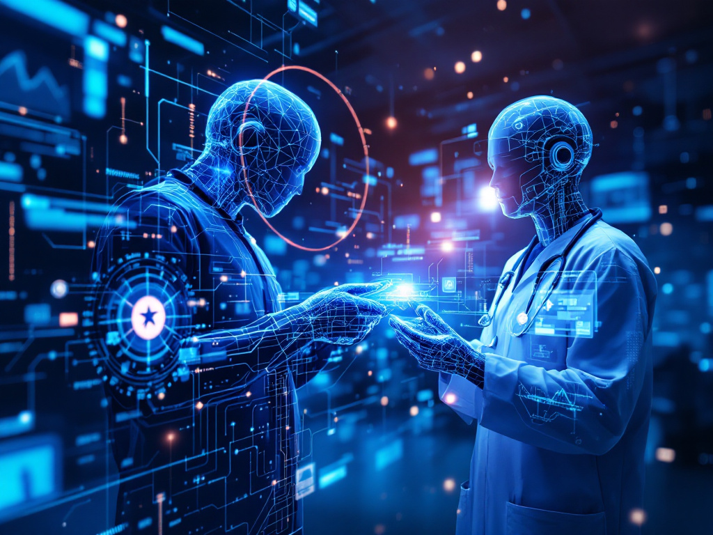 Two artificial intelligence robots interact in a futuristic setting filled with advanced digital technology.