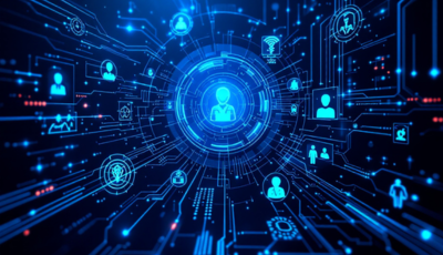 A futuristic network background featuring numerous people interconnected through digital lines and nodes.