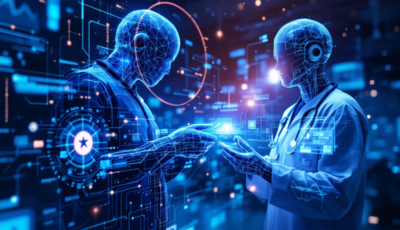 Two artificial intelligence robots interact in a futuristic setting filled with advanced digital technology.