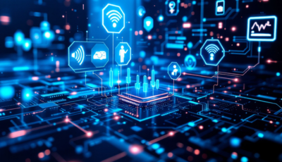 A futuristic concept image illustrating interconnected smart devices representing the future of the Internet of Things.