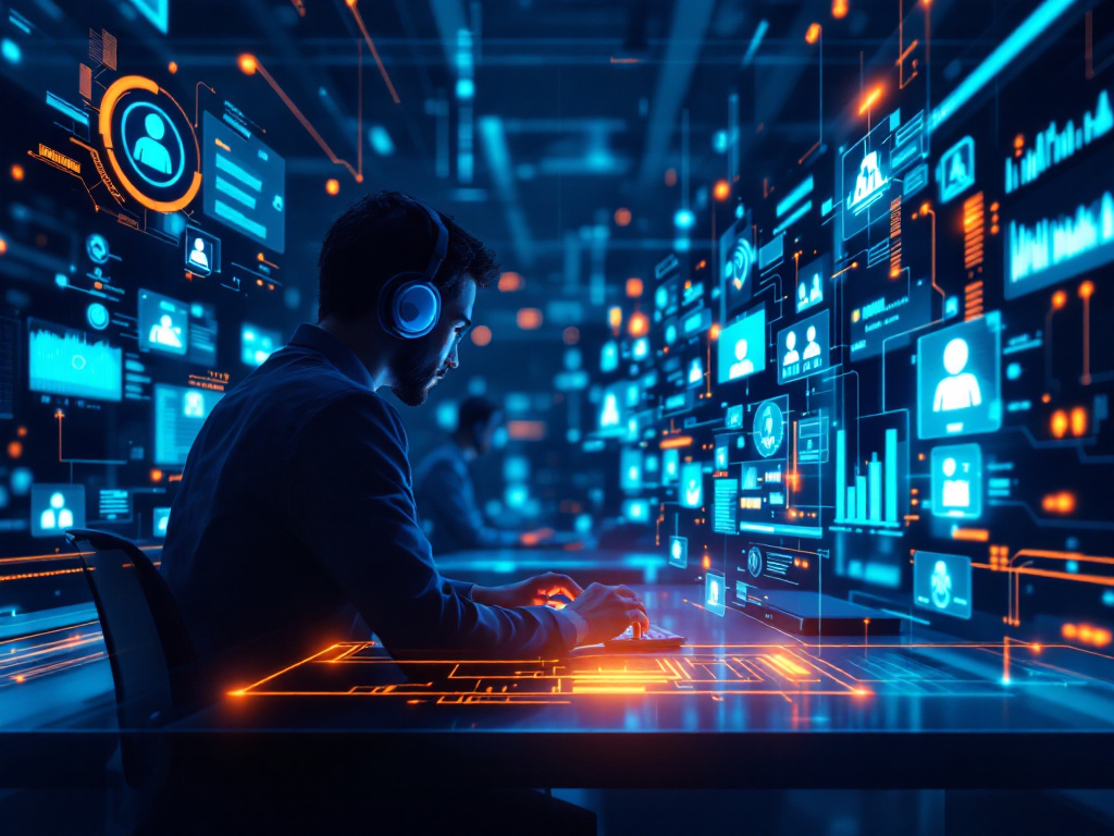 A man seated at a desk, working on a laptop with a computer screen in front of him.