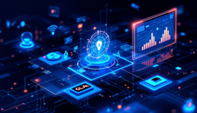 An abstract representation of data security, featuring a secure vault and digital elements, illustrating future technology advancements.