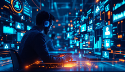 A man seated at a desk, working on a laptop with a computer screen in front of him.