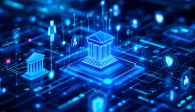A futuristic bank building with digital blockchain graphics overlay, symbolizing innovation in banking technology.