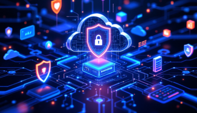 Illustration of cloud computing security, featuring a shield and data protection symbols against a cloud background.