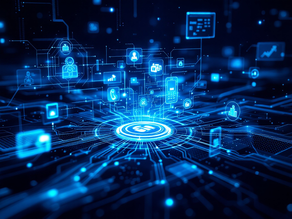 A futuristic network illustration featuring various interconnected icons representing technology and communication.