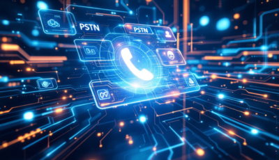 Icon representing the future of telephony and business, featuring a phone symbol and references to PSTN technology.