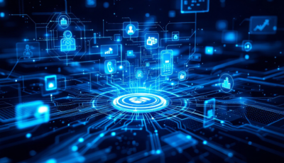 A futuristic network illustration featuring various interconnected icons representing technology and communication.