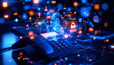 Illustration of a telephone and internet connection concept featuring a user icon, symbolizing communication technology.