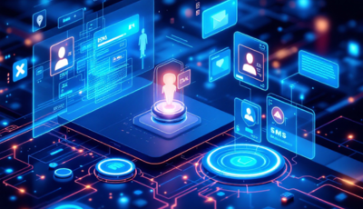 Digital interface featuring various icons representing applications and functions on a sleek, modern background.