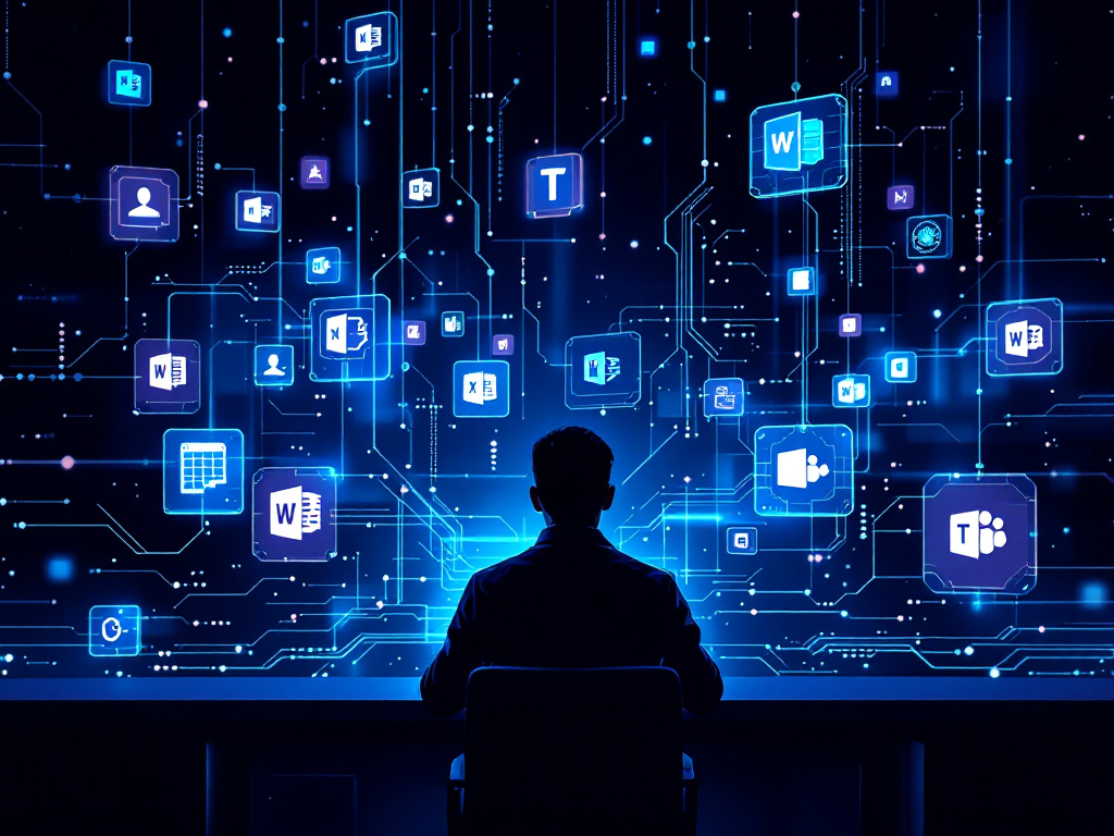 Microsoft 365 logo with futuristic graphics, symbolizing innovation and collaboration in the future of work.