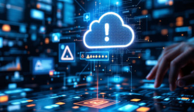 Icon representing cloud computing and an emergency symbol, highlighting cybersecurity measures.