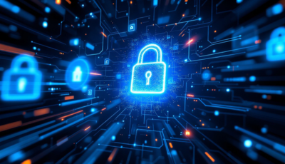 A padlock surrounded by various digital symbols, representing cybersecurity and data protection concepts.