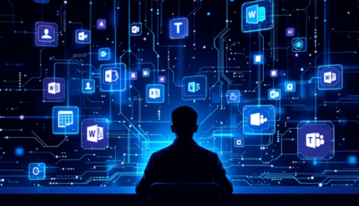 Microsoft 365 logo with futuristic graphics, symbolizing innovation and collaboration in the future of work.