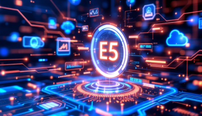 Image representing the 5th generation of cloud computing, featuring Microsoft 365 E5 branding and modern digital elements.
