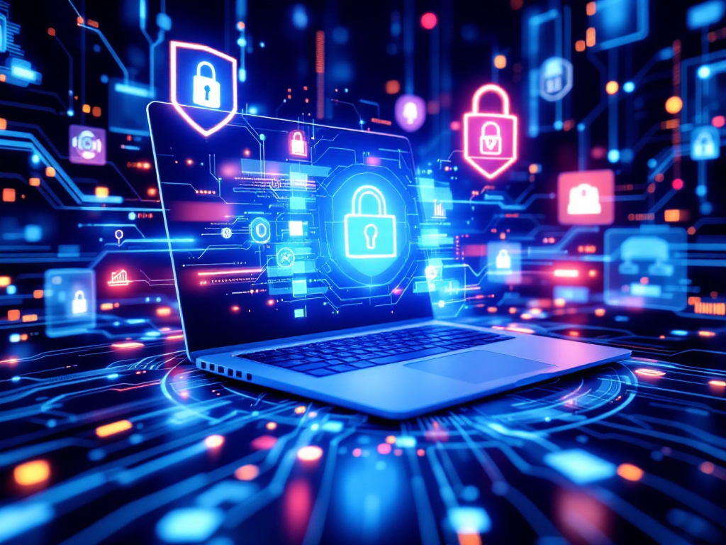 Image of a laptop with padlock icons, representing strategies for safeguarding data against cyber threats.