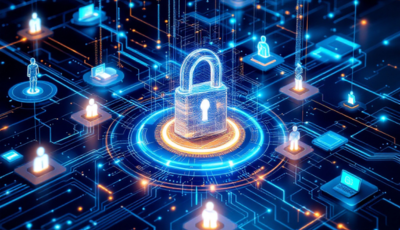 Digital network featuring a padlock and various security icons, symbolizing cyber security concepts and protection.