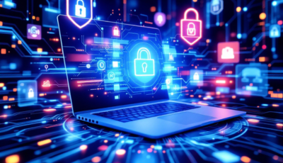 Image of a laptop with padlock icons, representing strategies for safeguarding data against cyber threats.