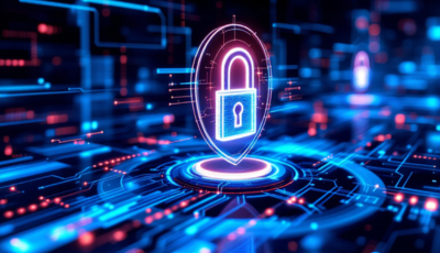 A digital lock icon set against a futuristic, abstract background, symbolizing advanced security technology.