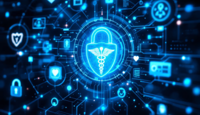 Image illustrating strategies for healthcare data protection against cyberattacks, featuring secure networks and encryption methods.