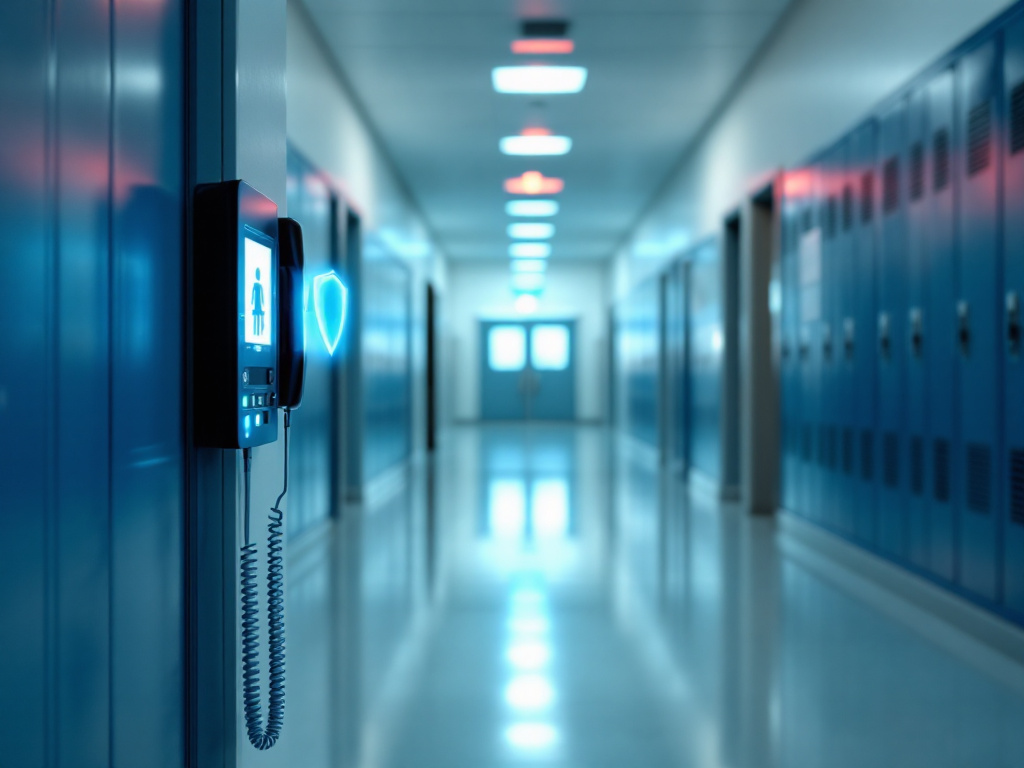 A school corridor showcasing blue lockers and a blue light, designated with "School 911" for emergency awareness.