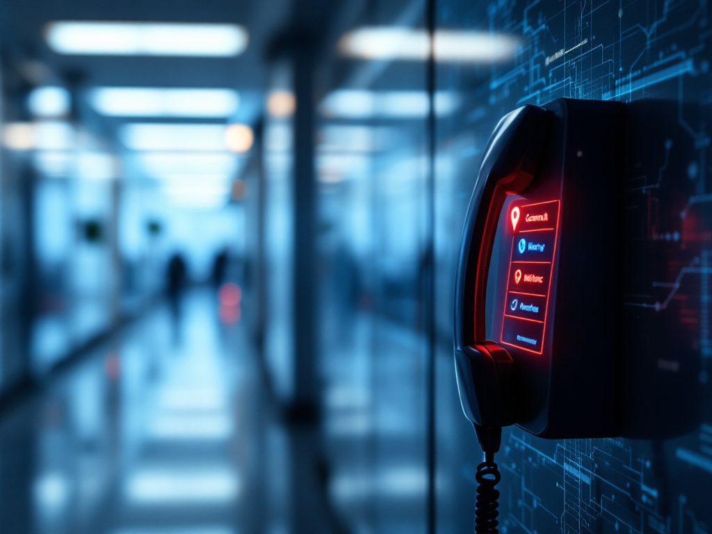 An office 911 phone mounted on a wall in a hallway.