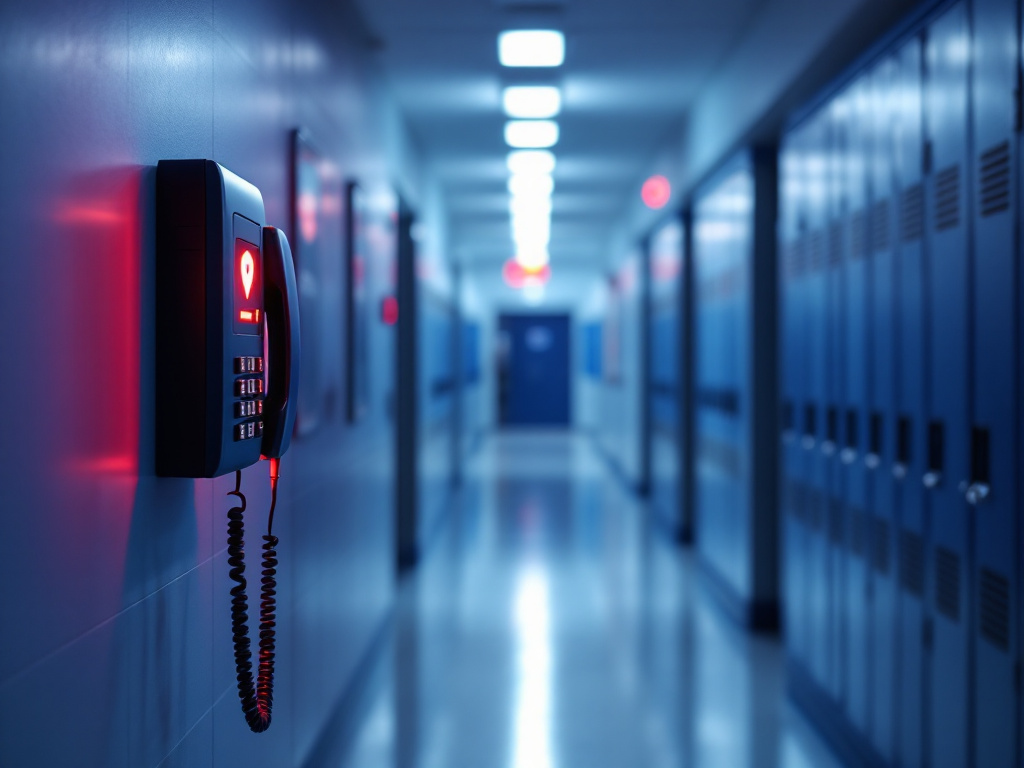 A campus hallway featuring a wall-mounted 911 emergency phone for safety and quick access to help.