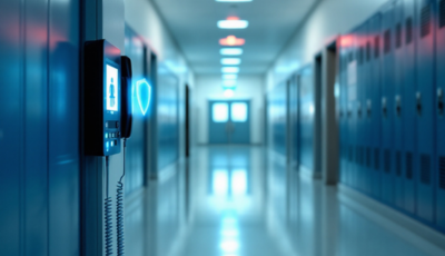 A school corridor showcasing blue lockers and a blue light, designated with "School 911" for emergency awareness.