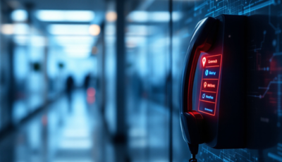 An office 911 phone mounted on a wall in a hallway.