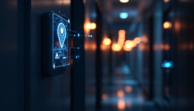 A hotel door featuring a digital display, indicating a 911 emergency device for guest safety.