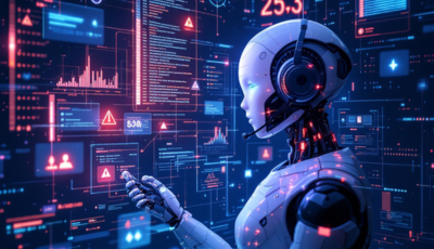Futuristic humanoid robot with headset interacting with floating digital data interfaces and graphs.