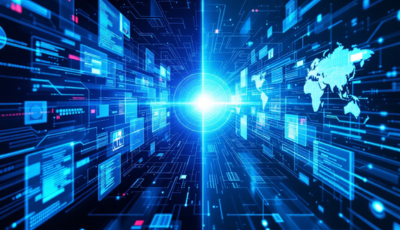 Digital blue technology interface with a bright central light and a world map on the right side.