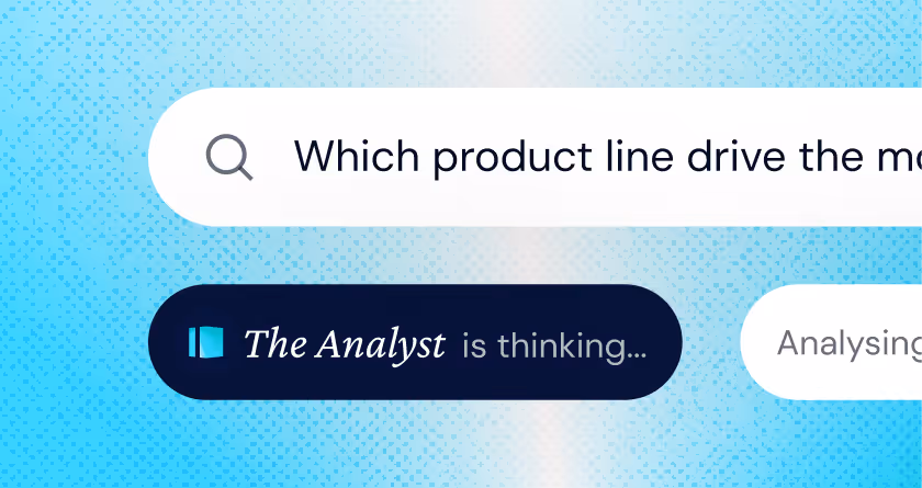 A search bar with the text 'Which product line drive the mo' and a dark rounded button below displaying 'The Analyst is thinking...'.