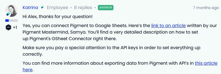 Pigment Google Sheets connector community answer