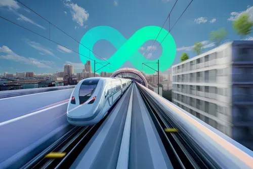 High-speed train on elevated rails heading toward a tunnel with cityscape and infinity symbol background.