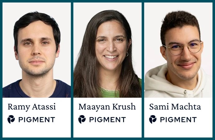 Portraits of Ramy Atassi, Maayan Krush, and Sami Machta from Pigment with their logos below.