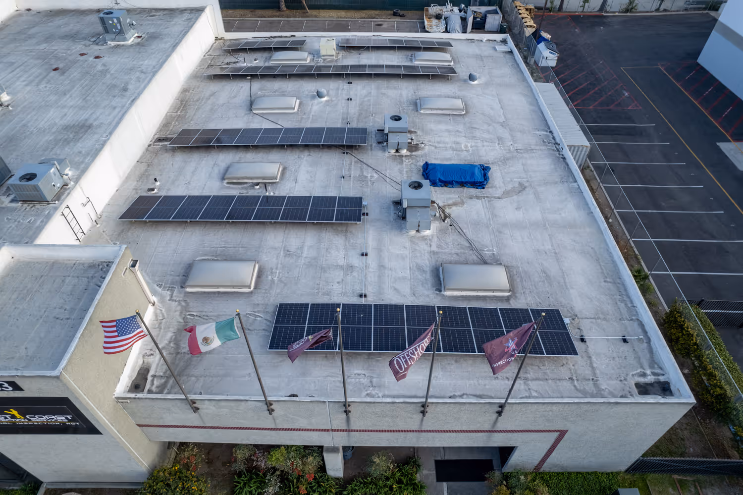 Aerial view of a 29kW rooftop solar array installed by TENCO SOLAR, designed for maximum output and reliability.
