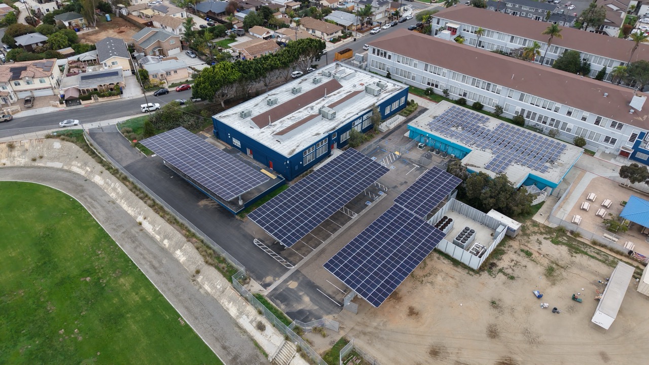 Drone shot of SDUSD Montgomery Middle School solar installation