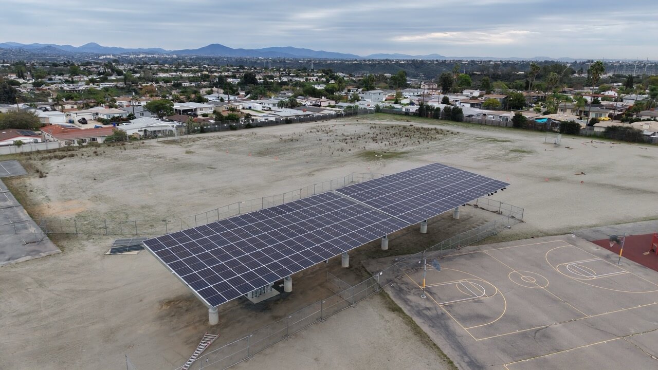 Aerial shot of a carport project at Jones Elementary school in San Diego 
