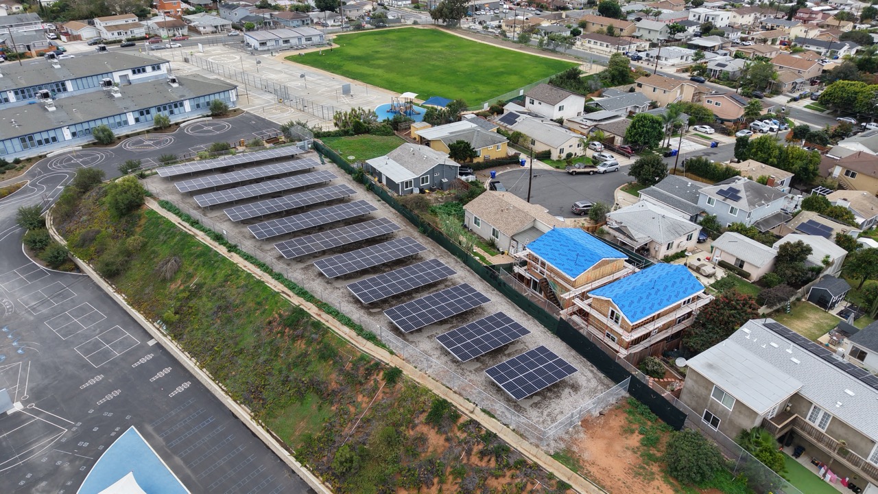 Drone aerial perspective of Linda Vista Elementary solar installation completed under a DSA solar project.