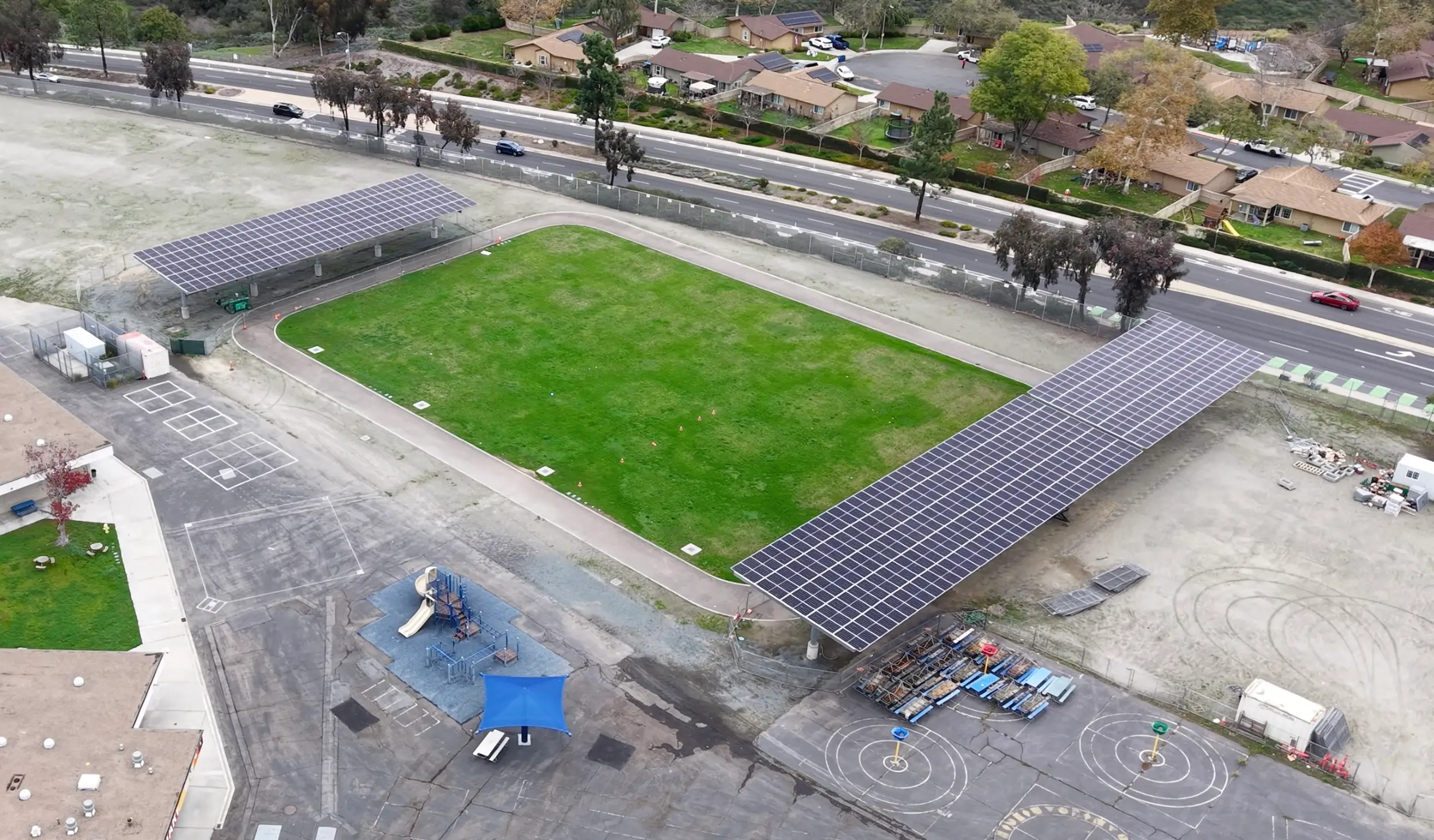Aerial shot of Miller Elementary School's carport installation