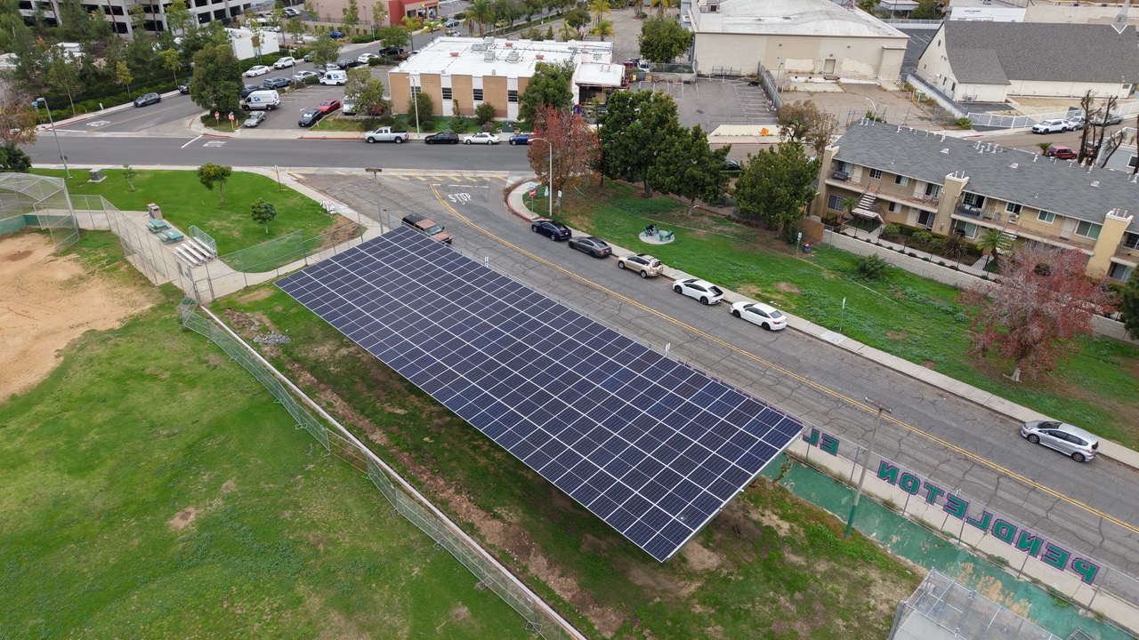 Commercial solar for schools installation at Pendleton Elementary School featuring solar carport structures in the SDG&E region.