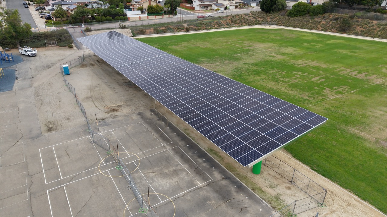 Solar carport system installed at Gage Elementary School as part of a commercial solar for schools project in the SDG&E region.