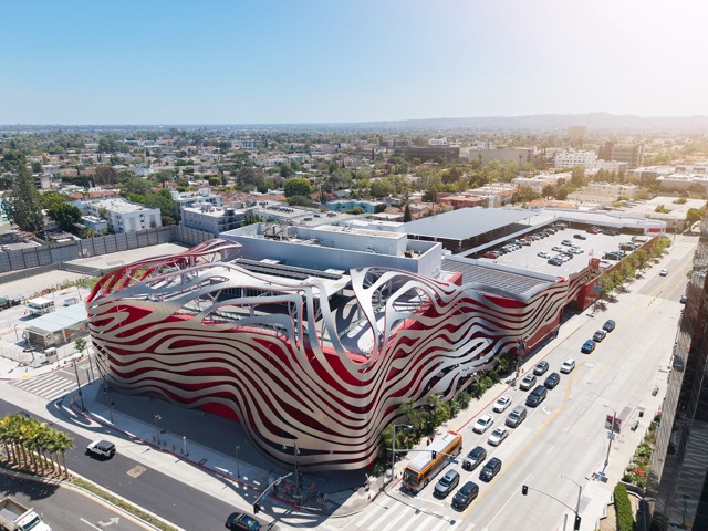 An aerial drone view of the Petersen museum's solar installation